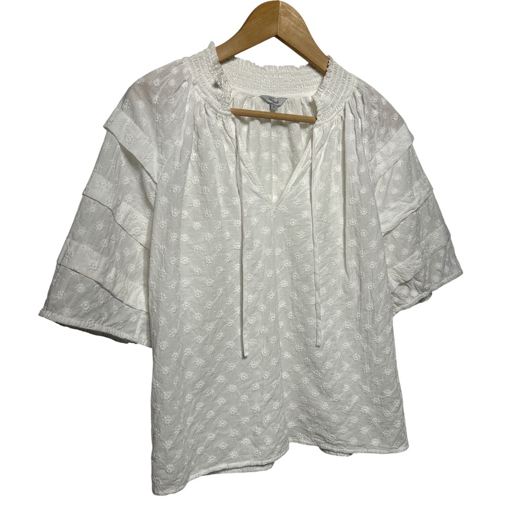 Rails Paris Floral Embroidered Smocked Collar Tiered Sleeve Blouse Size Small